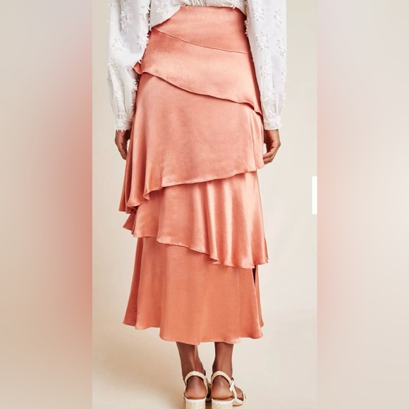NWT $130 Anthropologie Maeve Cassia Rust Tiered ruffle Midi Skirt Orange Satin 2 - Picture 4 of 8